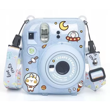 LOVEINSTANT Schutzhülle für Fujifilm Instax Mini 12 - Escape From Earth, Blau Glitzer mit Aufklebern und Fototasche