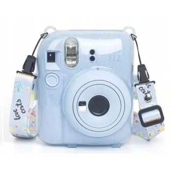LOVEINSTANT Schutzhülle für Fujifilm Instax Mini 12 - Escape From Earth, Blau Glitzer mit Aufklebern und Fototasche