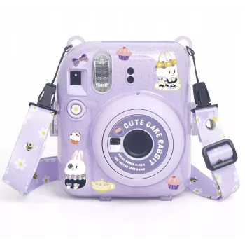 LOVEINSTANT Schutzhülle für Fujifilm Instax Mini 12 - Sweet Rabbit Design, Lila Glitzer, mit Aufklebern und Fototasche