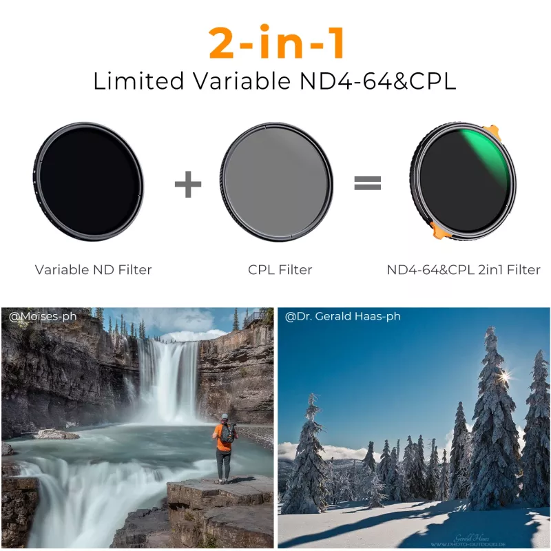 K&F Concept Hybrid Filter 2-in-1 58mm CPL Polarisator + Variabel ND4-ND64 Graufader KF01.1913