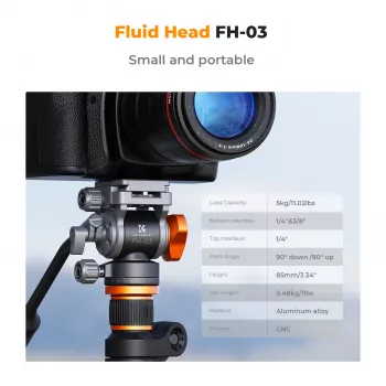 K&F Concept FH-03 Fluid-Videoneiger, 5kg Belastung, Arca-Swiss, 1/4 inch-20 & 3/8 inch-16, Schwarz