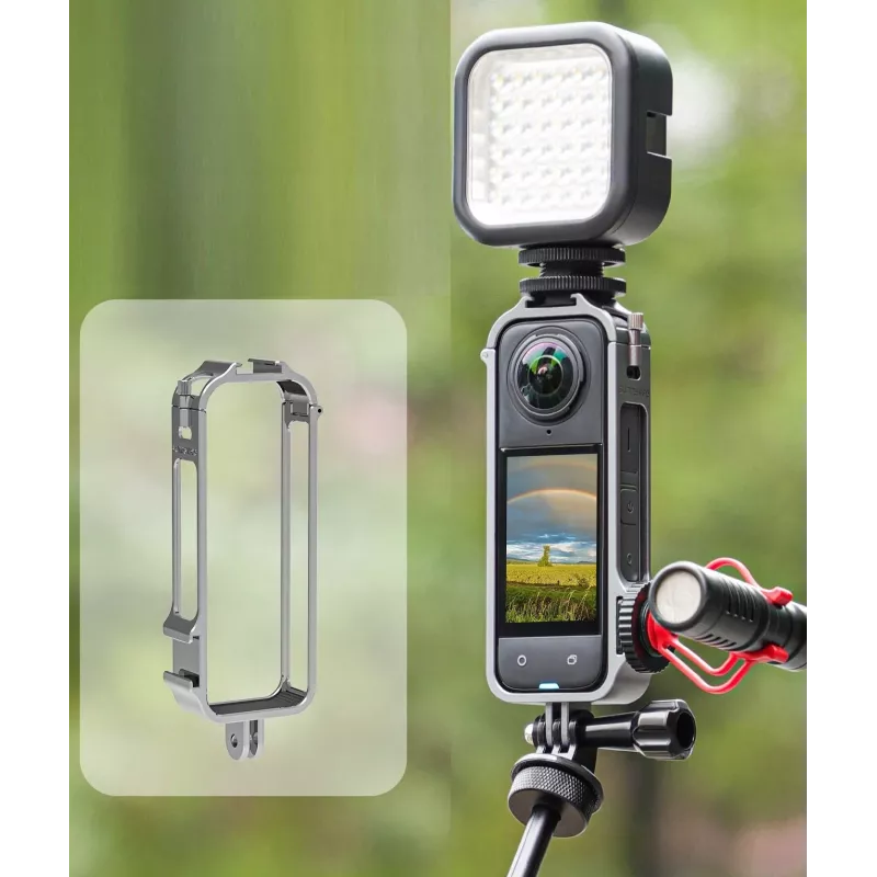 SUNNYLIFE Rahmenhalterung mit 2 Kaltgeräteschuhhalterungen und Silikon-Objektivdeckel für Insta360 X4 (Schwarz)
