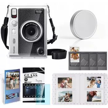 LOVEINSTANT 6-in-1 Kit: Transparente Hartschale + Gehärtetes Glasschutz + 64-Taschen-Fotoalbum + Objektivdeckel + Bilderrahmen + Schultergurt für Fujifilm Instax Mini Evo