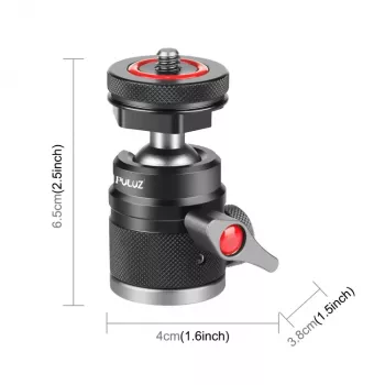 PULUZ Mini-Kugelkopf 3D mit 1/4-Zoll-Schraube und 2 Kaltgeräteschuhhalterungen, Tragfähigkeit 3 kg, Schwarz PU3075B