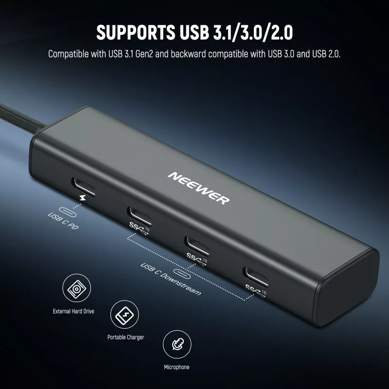 NEEWER PS020E USB-C Hub 4-in-1 mit 5x USB-C 10Gbps 100W PD, Kaltgeräteschuhhalterung und 1/4 inch-Gewinde