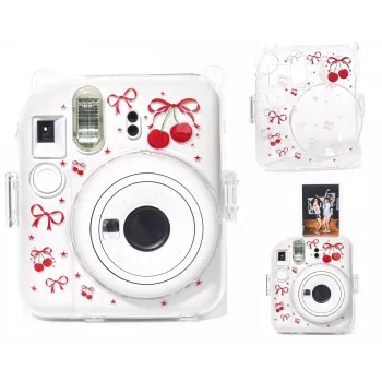 LOVEINSTANT Hartschalen-Schutzhülle für Fujifilm Instax Mini 12 - Rot-Kirschen-Muster mit Schultergurt