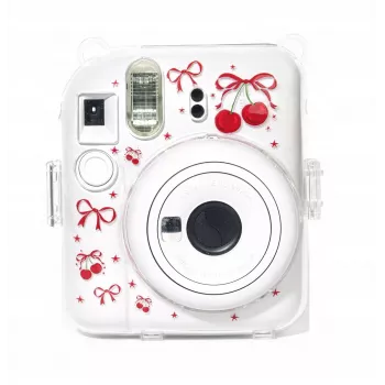 LOVEINSTANT Hartschalen-Schutzhülle für Fujifilm Instax Mini 12 - Rot-Kirschen-Muster mit Schultergurt