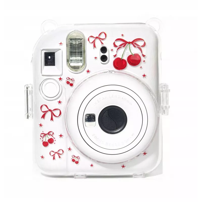 LOVEINSTANT Hartschalen-Schutzhülle für Fujifilm Instax Mini 12 - Rot-Kirschen-Muster mit Schultergurt