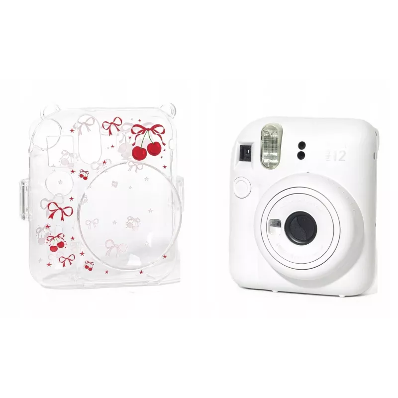 LOVEINSTANT Hartschalen-Schutzhülle für Fujifilm Instax Mini 12 - Rot-Kirschen-Muster mit Schultergurt