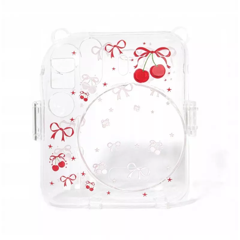 LOVEINSTANT Hartschalen-Schutzhülle für Fujifilm Instax Mini 12 - Rot-Kirschen-Muster mit Schultergurt