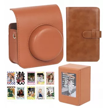 LOVEINSTANT 4-in-1 Kit: Kameratasche, Fotoalbum, Aufbewahrungsbox, Sticker für Fuji Instax Mini 41 - Braun