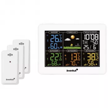 Levenhuk Wezzer PLUS LP60 Wetterstation mit Farb-LCD-Display, kabellosem Außensensor, Temperatur- und Luftfeuchtigkeitsüberwachung, Wettervorhersage, Wecker