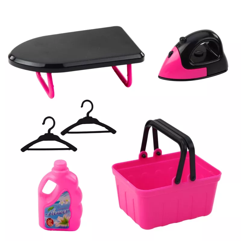 LEAN TOYS Set of Household Appliances Interactive Washing Machine with Sounds and Accessories, Black and Pink