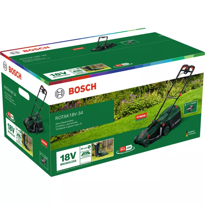 Bosch Rotak 18V-34 Akku-Rasenmäher mit Starter-Set und Mulchstecker (C)