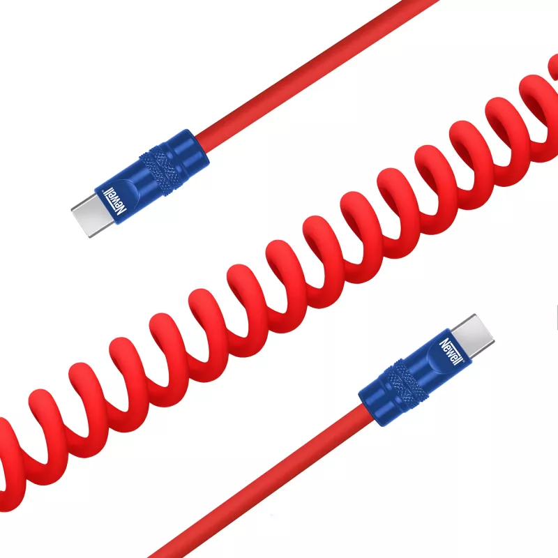 Newell USB-C auf USB-C Kabel 100W 1,5m Silikon Spiralkabel Rot-Marineblau