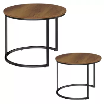 LEAN Set of 2-in-1 Round Coffee Tables Vintage Natural Wood 70x50cm 45x44cm