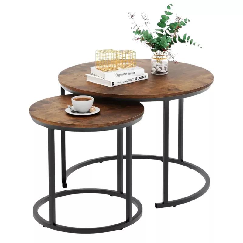 LEAN Set of 2-in-1 Round Coffee Tables Vintage Natural Wood 70x50cm 45x44cm