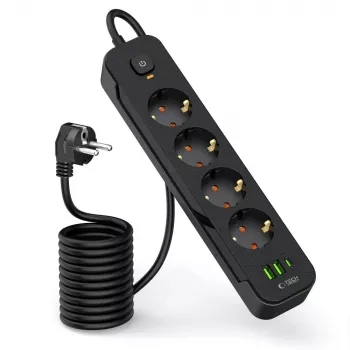 TECH-PROTECT PCL4X3 Power Strip Long 2 USB & 1 Type-C & 4 Socket 200cm Black