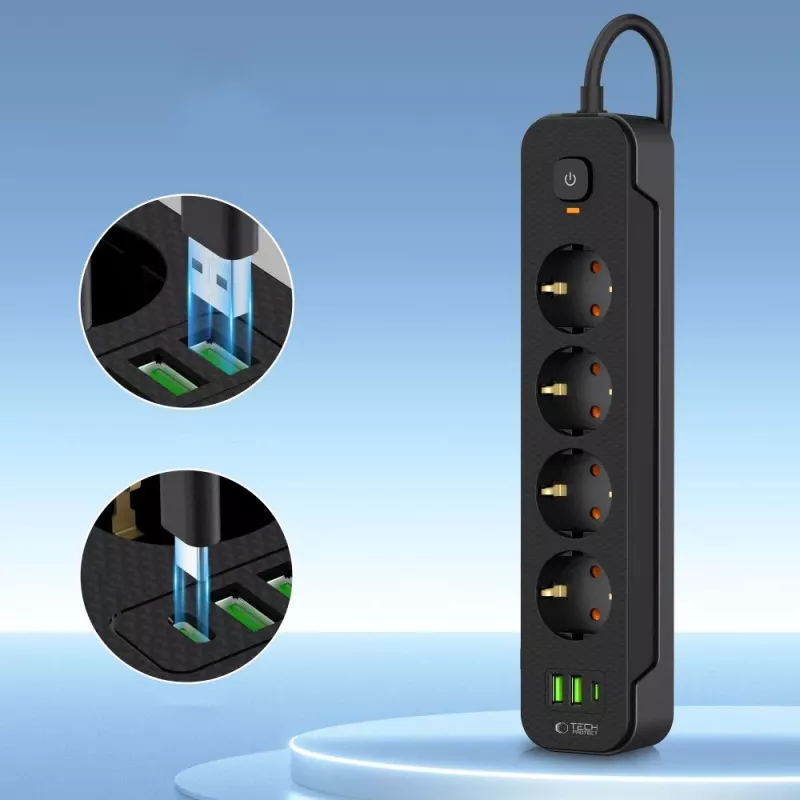 TECH-PROTECT PCL4X3 Power Strip Long 2 USB & 1 Type-C & 4 Socket 200cm Black