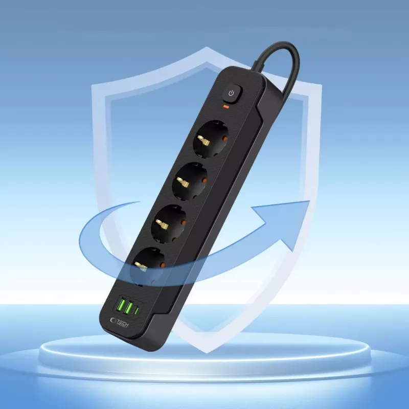 TECH-PROTECT PCL4X3 Power Strip Long 2 USB & 1 Type-C & 4 Socket 200cm Black