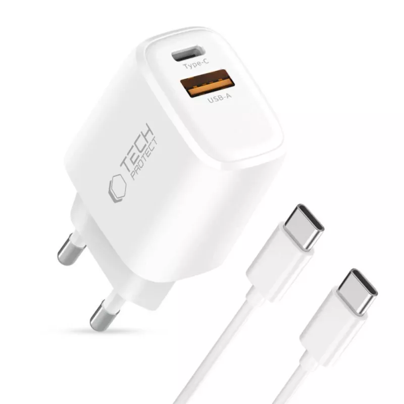 TECH-PROTECT NCA30 2-Port Netzwerk-Ladegerät PD 30W / QC3.0 + USB-C-Kabel Weiß