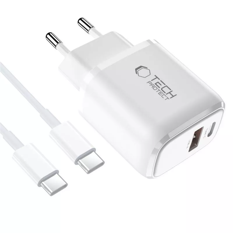 TECH-PROTECT NCA30 2-Port Netzwerk-Ladegerät PD 30W / QC3.0 + USB-C-Kabel Weiß