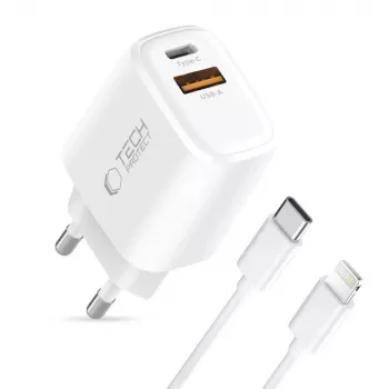 TECH-PROTECT NCA30 2-Port Netzwerk-Ladegerät PD 30W / QC3.0 + Lightning-Kabel Weiß