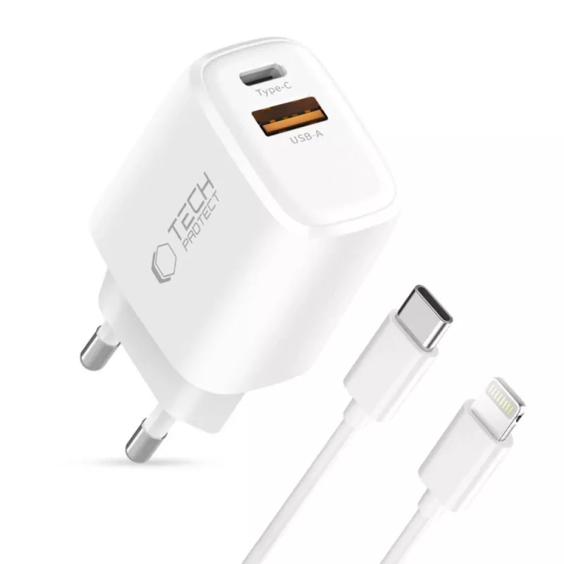 TECH-PROTECT NCA30 2-Port Netzwerk-Ladegerät PD 30W / QC3.0 + Lightning-Kabel Weiß