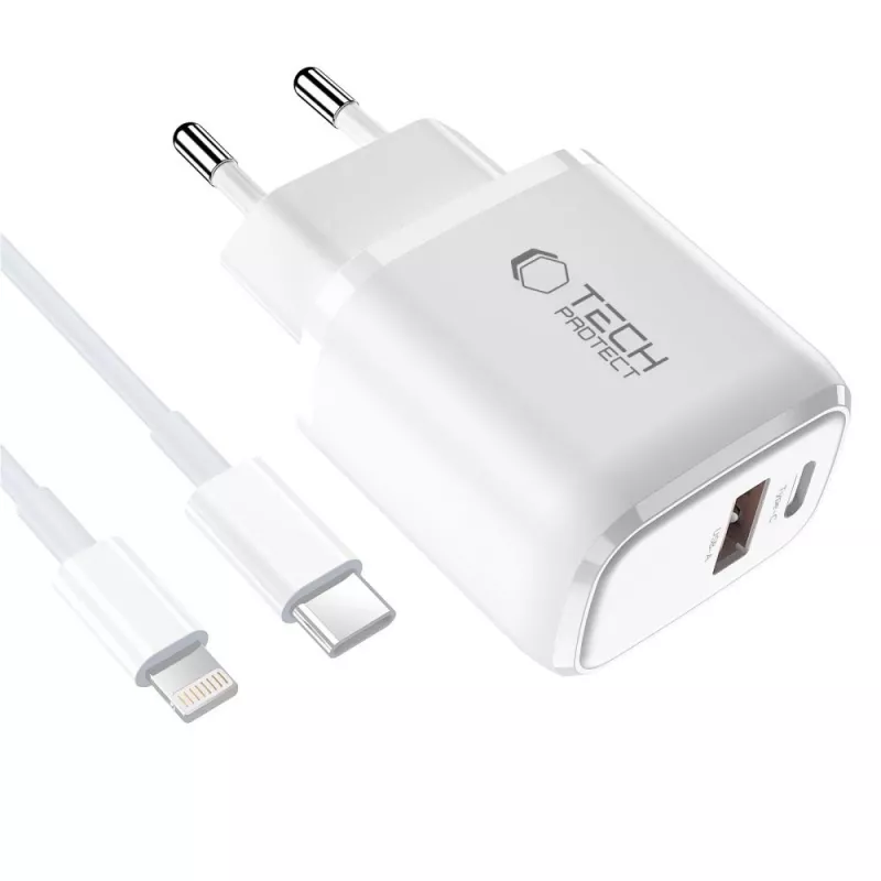 TECH-PROTECT NCA30 2-Port Netzwerk-Ladegerät PD 30W / QC3.0 + Lightning-Kabel Weiß