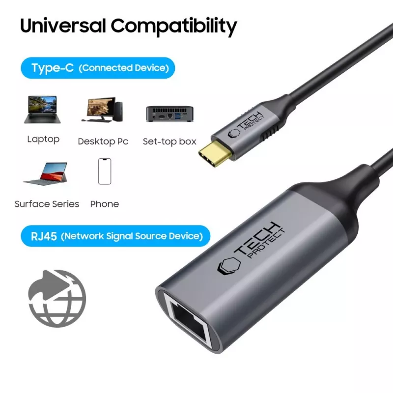 TECH-PROTECT ULTRABOOST Adapter USB-C auf Ethernet RJ45 1000 Mbps Schwarz