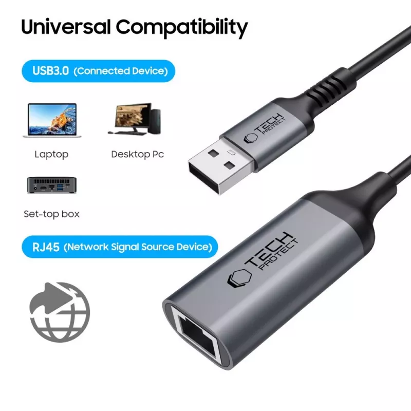 TECH-PROTECT ULTRABOOST Adapter USB 3.0 auf Ethernet RJ45 1000Mbps Schwarz