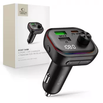 TECH-PROTECT CC07 3-Port Auto-Ladegerät PD 54W + FM-Transmitter Bluetooth Schwarz
