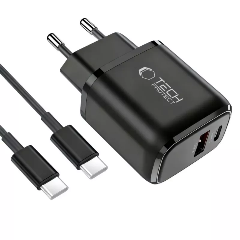 TECH-PROTECT NCA45W-GAN 2-Port Netzwerk-Ladegerät PD 45W / QC3.0 + USB-C Kabel Schwarz