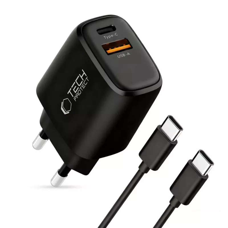 TECH-PROTECT NCA45W-GAN 2-Port Netzwerk-Ladegerät PD 45W / QC3.0 + USB-C Kabel Schwarz