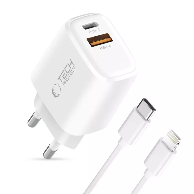 TECH-PROTECT NCA45W-GAN 2-Port Netzwerkladegerät PD 45W / QC3.0 + Lightning-Kabel Weiß