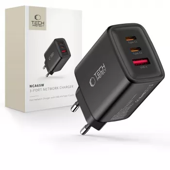 TECH-PROTECT NCA65W-GAN 3-Port Netzwerk-Ladegerät PD 65W / QC3.0 Schwarz