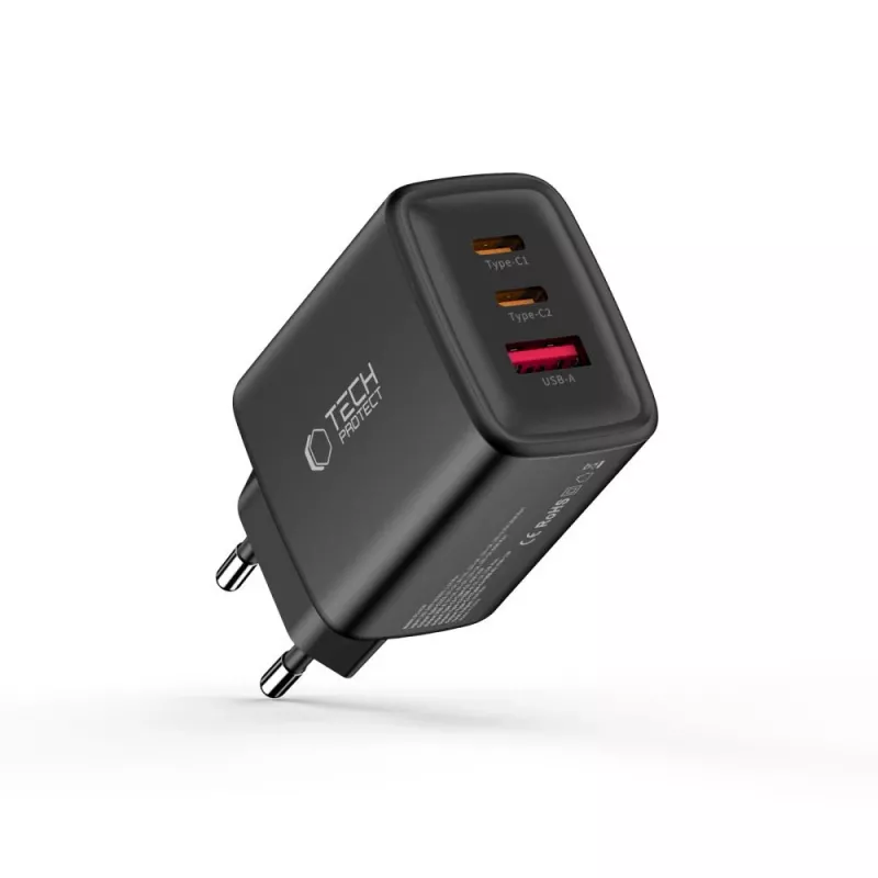 TECH-PROTECT NCA65W-GAN 3-Port Netzwerk-Ladegerät PD 65W / QC3.0 Schwarz