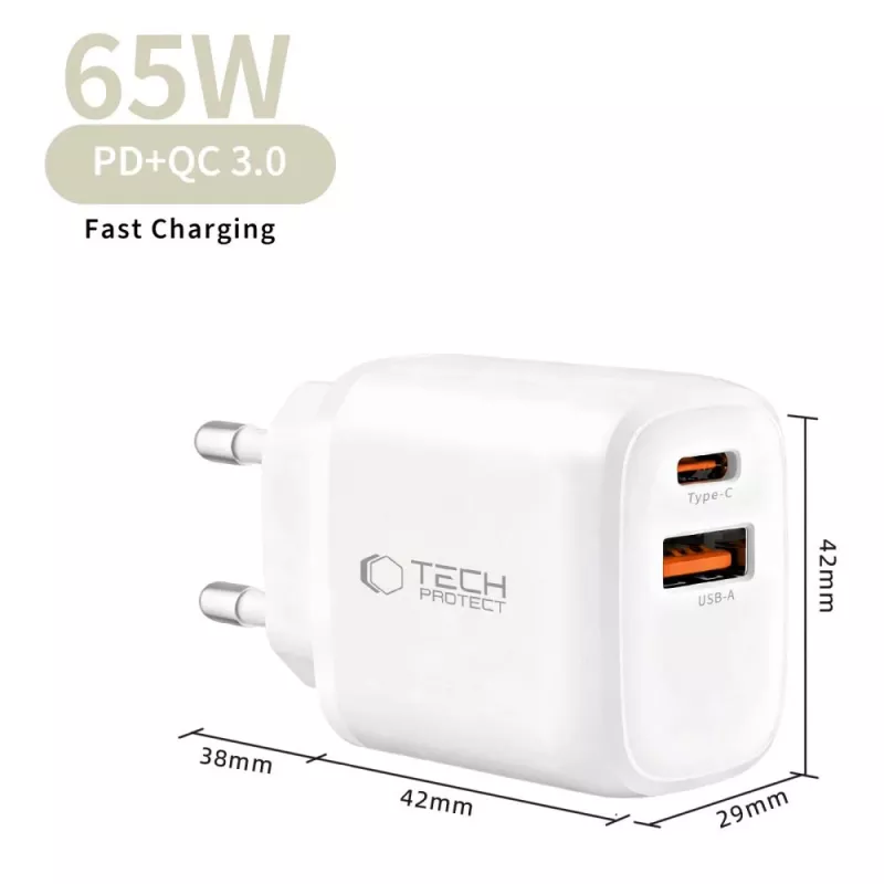 TECH-PROTECT NCA65W-GAN 2-Port Netzwerkladegerät PD 65W / QC3.0 Weiß
