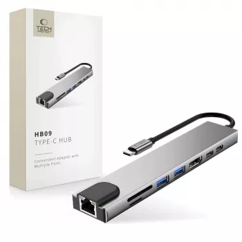 TECH-PROTECT HB09 Hub Adapter 8-in-1 USB-C auf USB-A 3.0, USB-C 3.0, HDMI 4K 60Hz, SD/TF, PD 100W, RJ45 Gigabit Ethernet, Space Grey