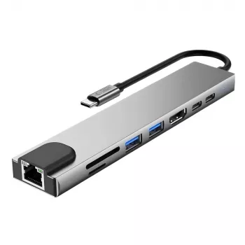 TECH-PROTECT HB09 Hub Adapter 8-in-1 USB-C auf USB-A 3.0, USB-C 3.0, HDMI 4K 60Hz, SD/TF, PD 100W, RJ45 Gigabit Ethernet, Space Grey