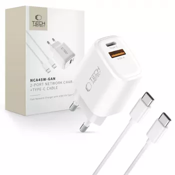 TECH-PROTECT NCA45W-GAN 2-Port Netzwerk-Ladegerät PD 45W / QC3.0 + USB-C Kabel Weiß