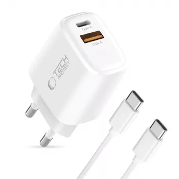 TECH-PROTECT NCA45W-GAN 2-Port Netzwerk-Ladegerät PD 45W / QC3.0 + USB-C Kabel Weiß