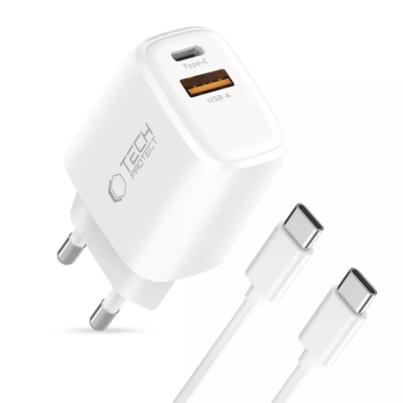 TECH-PROTECT NCA45W-GAN 2-Port Netzwerk-Ladegerät PD 45W / QC3.0 + USB-C Kabel Weiß