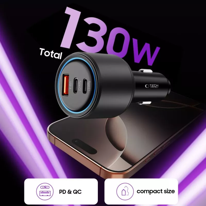 TECH-PROTECT CC04 3-Port Car Charger PD 130W Black