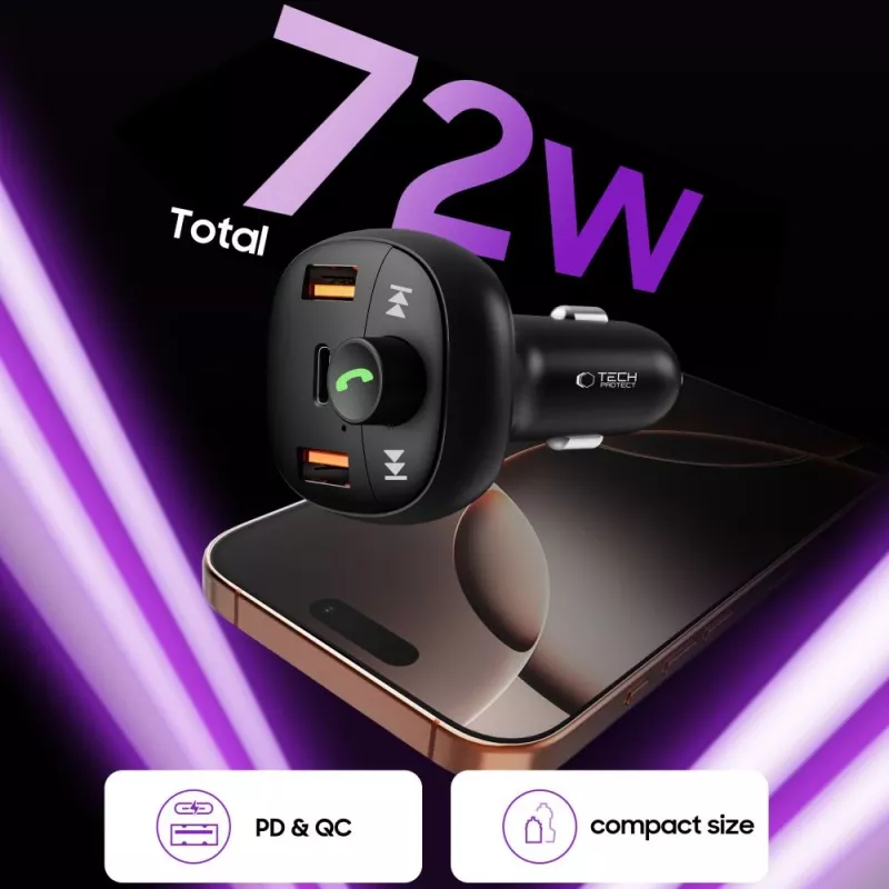 TECH-PROTECT CC06 3-Port Auto-Ladegerät PD 72W + FM-Transmitter Bluetooth Schwarz