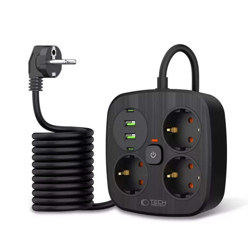 TECH-PROTECT PCS3X4 Steckdosenleiste 2 USB & 2 Type-C & 3 Steckdosen 200cm Schwarz