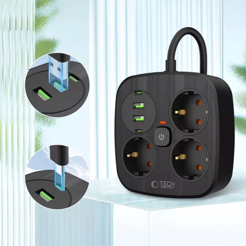 TECH-PROTECT PCS3X4 Steckdosenleiste 2 USB & 2 Type-C & 3 Steckdosen 200cm Schwarz