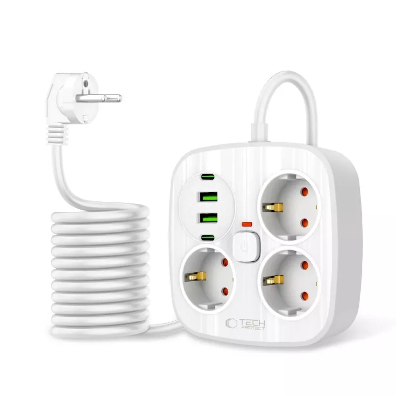 TECH-PROTECT PCS3X4 Steckdosenleiste 2 USB & 2 Type-C & 3 Steckdosen 200cm Weiß