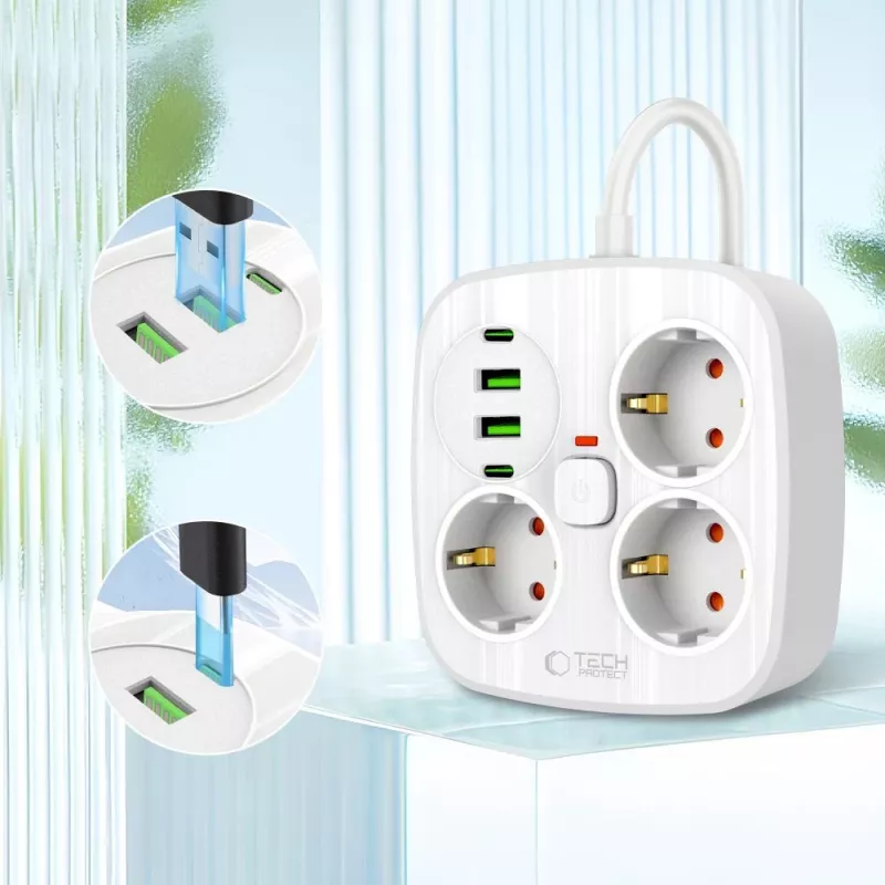TECH-PROTECT PCS3X4 Steckdosenleiste 2 USB & 2 Type-C & 3 Steckdosen 200cm Weiß