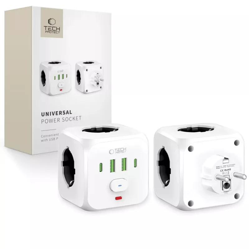 TECH-PROTECT PCL3X4 Steckdosenleiste 3 Schuko-Steckdosen 2 USB-A 2 USB-C 2m Weiß